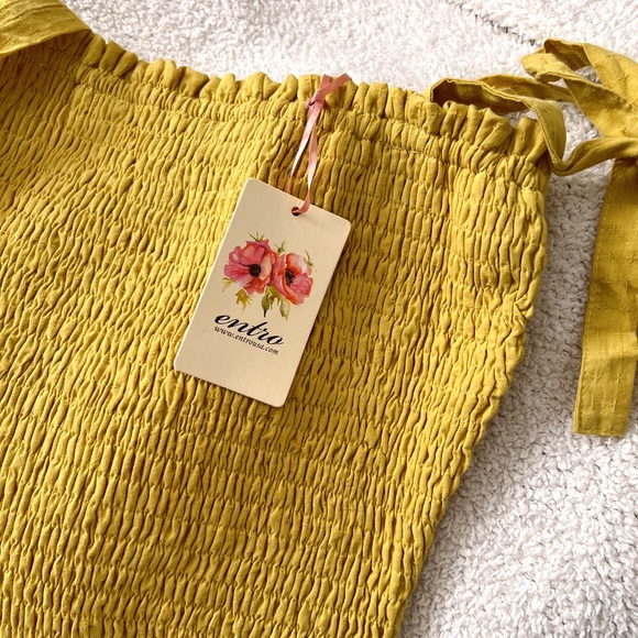 (entro) NWT gold mustard yellow smocked sleeveless mini short dress tie straps - Picture 6 of 7